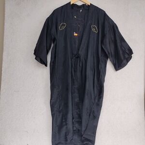 Kimono Robe Womens One Size Black Embroidered Dragon Satin Long Open Front